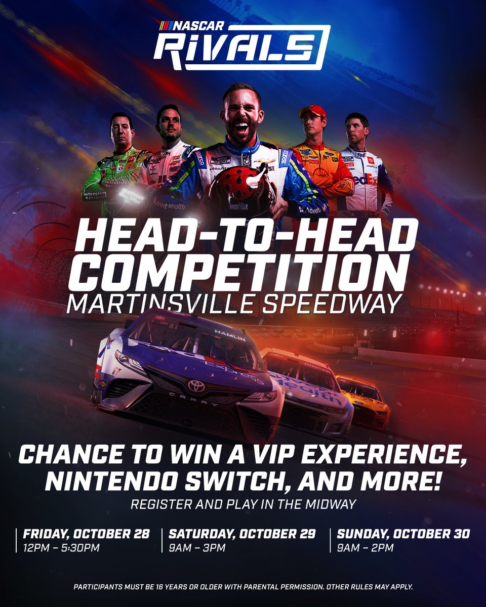 One final chance to win a VIP trip to @phoenixraceway! Visit the @MSportgames truck in the @MartinsvilleSwy midway to register for the #NASCARRivals Head-To-Head Competition and you could be headed to the Championship Finale!