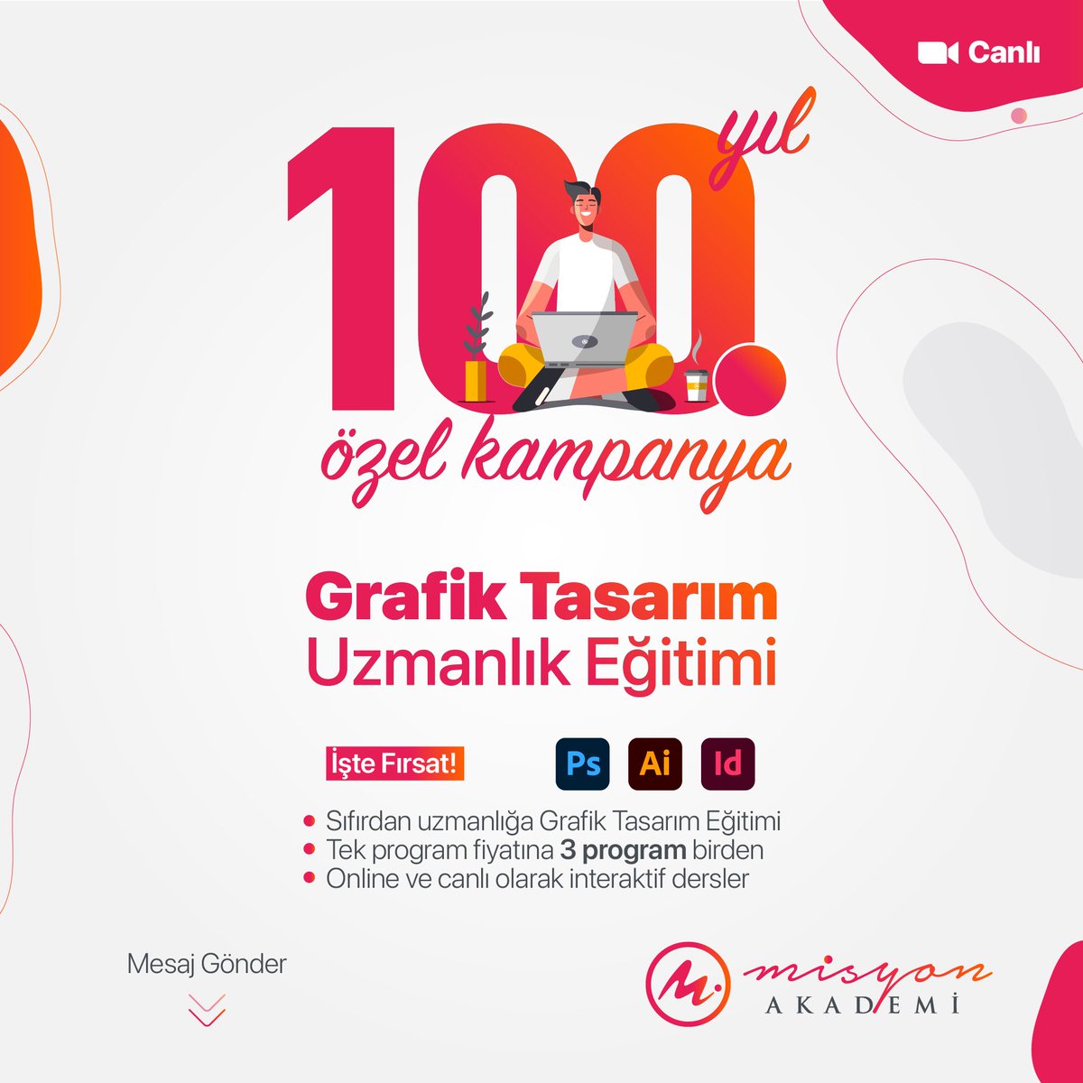 MisyonAkademi's tweet photo. 100. Yıla Özel Kampanya!

Muhteşem fırsat!

Sıfırdan uzmanlığa Grafik Tasarım Eğitimi
Tek program fiyatına 3 program
Online, canlı ve interaktif dersler

DM ile iletişim

#grafiktasarımeğitimi #grafiktasarım #grafiktasarımdersleri #adobeillustrator  #adobephotoshop #adobeindesign https://t.co/7PtrjHpIvP