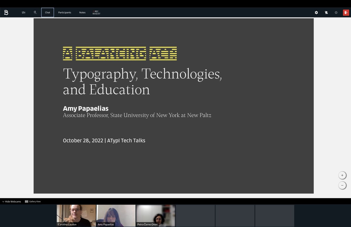 ATypI's tweet image. Happening now at #ATypITechTalks 2022 🔥🔥🔥 Amy Papaelias @fontnerd, an amazing type and design educator, writer, and co-founder of @alphabettes_org, is presenting “Balancing Act: Typography, Technologies, and Education.” @carolina_laudon and @pco_paralaksa are moderating.