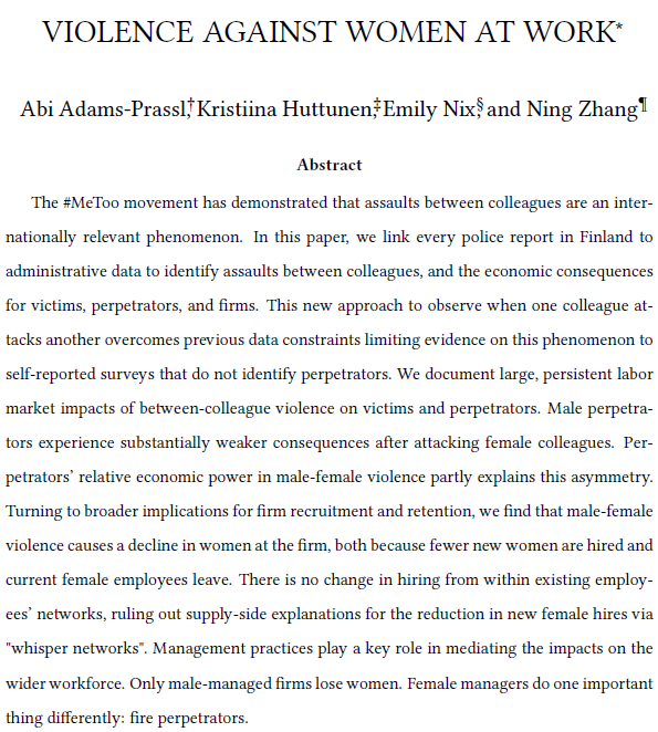 🧵 on new paper w/ @abicadams, @KristiinaHuttu2 & @ningzhang0927: 'Violence Against Women at Work' #MeToo demonstrated assaults b/w colleagues are an internationally relevant phenomenon. We study consequences of realized assaults for perpetrators, victims & wider firm. [1/18]