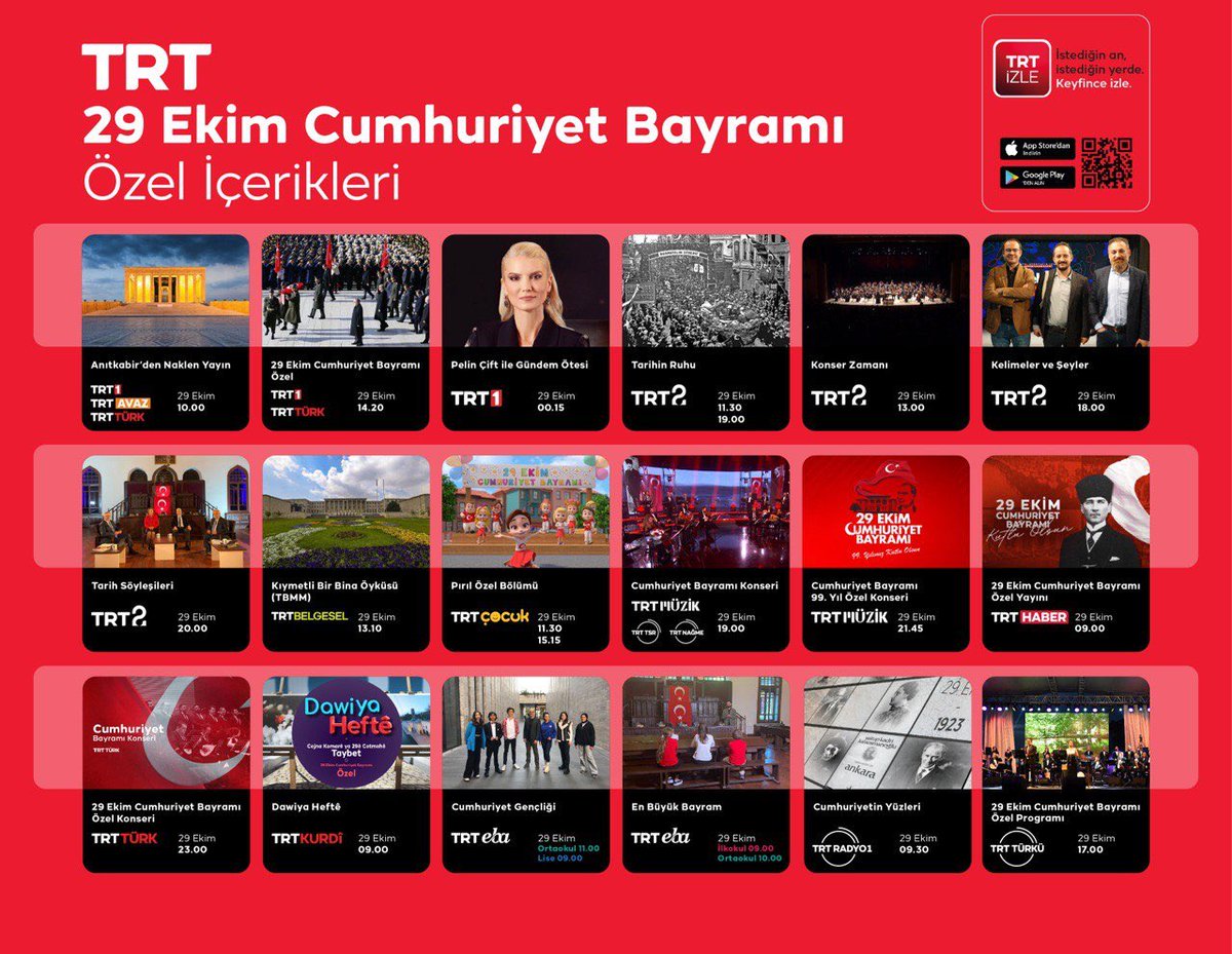 Cumhuriyetimizin kuruluşunun 99. yılında sevincimizi, coşkumuzu, heyecanımızı özel içeriklerimizle hep beraber yaşayacağız. 🇹🇷 #29EkimCumhuriyetBayramı özel yayınları yarın gün boyunca #TRT'de.👇