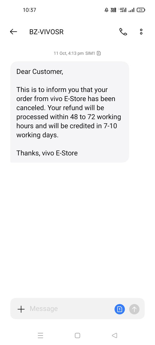 JoinVishal9's tweet photo. @akash_AS17 @Vivo_India 1 month 5days passed away but no refund
I am also facing the same issue.
I even contacted customer support 5-6 times, all the time the same rubbish.
Recieved the msg of refund processing  on 11th of oct. and now it's 28th.
I also mailed them,contacted @Vivo_India customer care. https://t.co/EFoWNWP435
