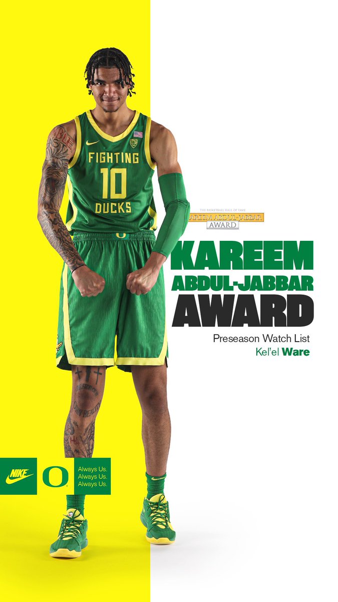 OregonMBB's tweet photo. 𝘽𝙚𝙒𝙖𝙧𝙚 

@KelelWare enters his freshman campaign as one of 20 centers on the Kareem Abdul-Jabbar award watch list 💪 #GoDucks https://t.co/jsfroxXKnz