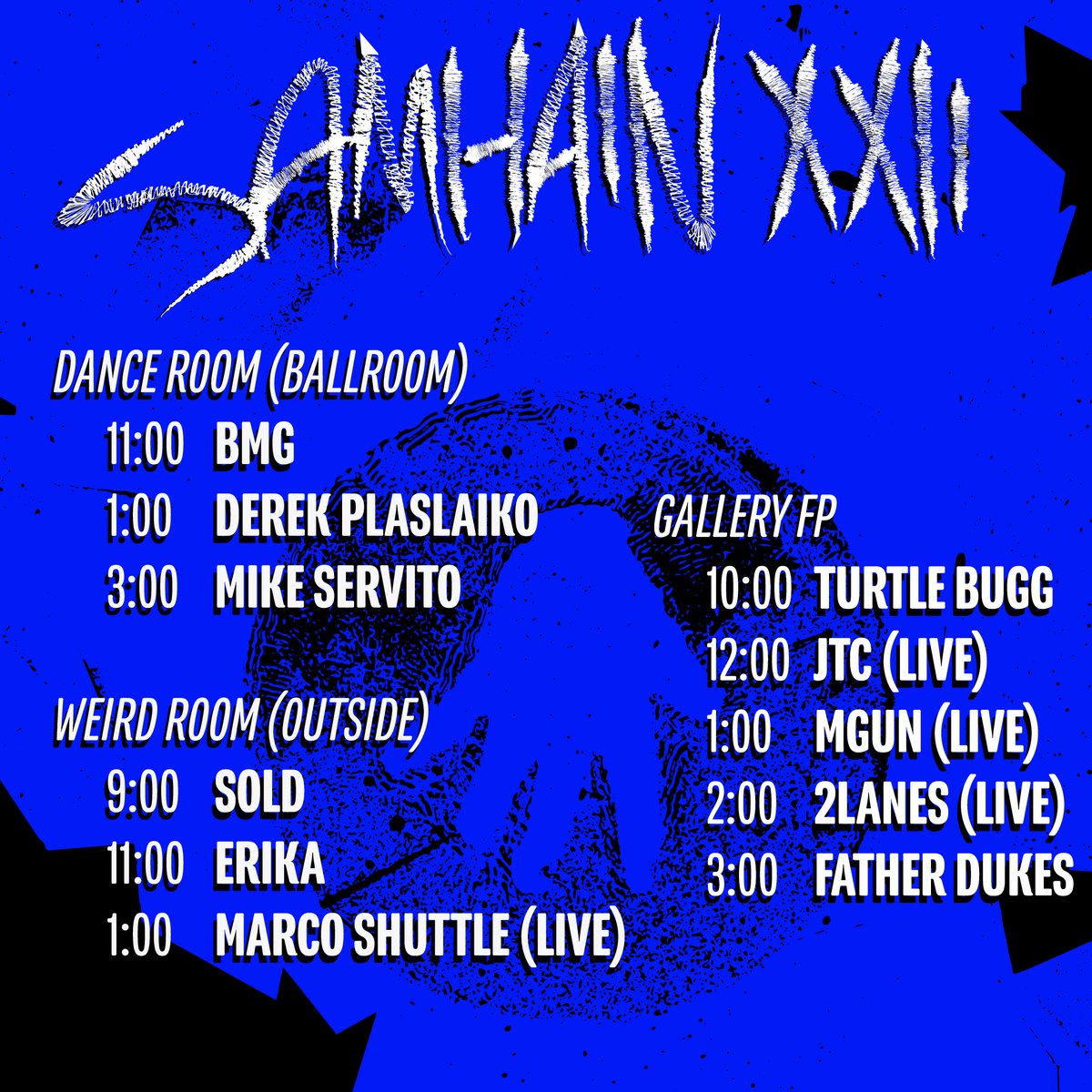 NTRDMNSNL TRNSMSSNS (@ithqdetroit) on Twitter photo Set times for Sat Night. Samhain XXII – going from 9PM-5AM. ra.co/events/1587869 with <a href="/mikeservito/">Mike Servito</a>,
<a href="/Plaslaiko/">Derek Plaslaiko (@plaslaiko.bsky.social)</a>, <a href="/marco_shuttle/">Marco Shuttle / Eerie Records</a> live debut, <a href="/schnitzelmeow/">erika</a>, <a href="/bbmmgg/">BMG</a>, <a href="/glorbis/">sold</a>, <a href="/JTCjacks/">JTC</a> live, MGUN live, <a href="/2lanesOfficial/">2lanes 🎠</a> live, @heyygirllhai, <a href="/TortugaMinor/">Turtle Bugg</a>. Set times for Sat Night. Samhain XXII – going from 9PM-5AM. ra.co/events/1587869 with <a href="/mikeservito/">Mike Servito</a>,
<a href="/Plaslaiko/">Derek Plaslaiko (@plaslaiko.bsky.social)</a>, <a href="/marco_shuttle/">Marco Shuttle / Eerie Records</a> live debut, <a href="/schnitzelmeow/">erika</a>, <a href="/bbmmgg/">BMG</a>, <a href="/glorbis/">sold</a>, <a href="/JTCjacks/">JTC</a> live, MGUN live, <a href="/2lanesOfficial/">2lanes 🎠</a> live, @heyygirllhai, <a href="/TortugaMinor/">Turtle Bugg</a>.