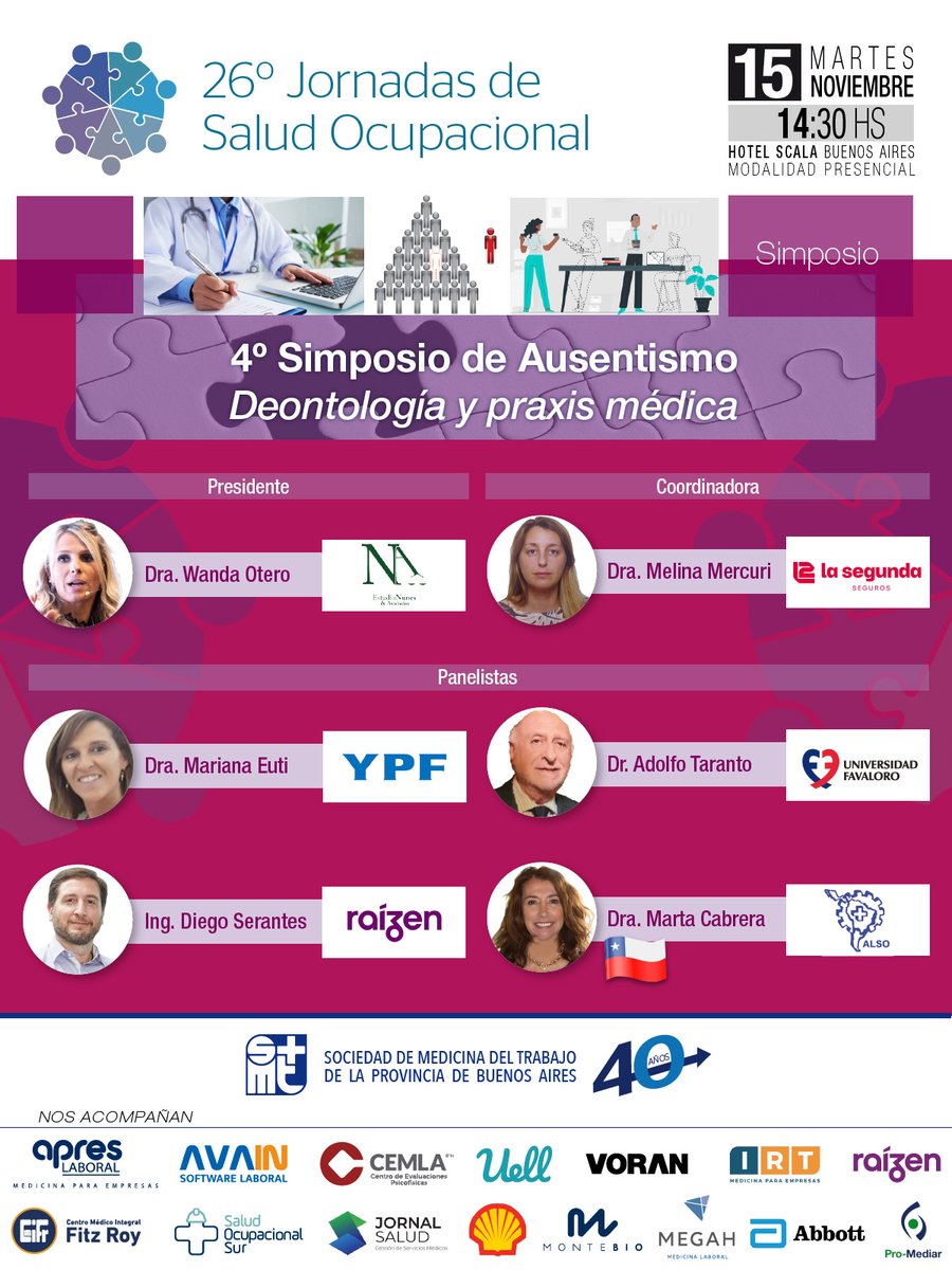 [NOVEDADES 26° JORNADAS DE SALUD OCUPACIONAL]

En el 4° Simposio de Ausentismo albergará una temática clave para la Salud Ocupacional y tendrá lugar en las #26JSO el 15 de Noviembre a las 14.30 hs.

¡Localidades limitadas! Link: eventbrite.com.ar/.../26-jornada…...

Te esperamos. 

SMTBA