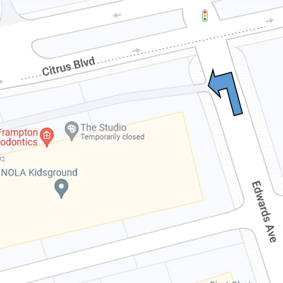 Please be aware that Citrus Blvd is down to one lane in both directions due to construction. The best way to get to our playground is Edwards Ave via Mounes St or Jefferson Hwy. You can turn directly into the driveway to our playground's parking lot (denoted by the blue arrow).