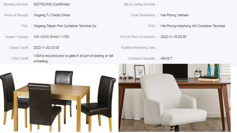 ALBUM IMPORT FROM CHINA
Shipping furniture from Xingang to Haiphong
07x40HQ
TABLE AND CHAIR
#furniture
#xingang
#samivietnam