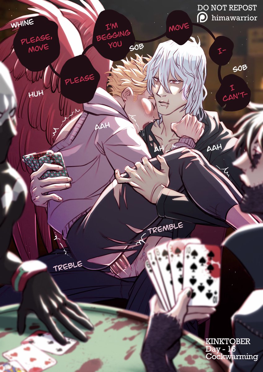 [P@treon request from October]
Kinktober day 16 - cockwarming 

Who is winning? ♠️

#ShigarakiTomura #hawks #shigahawks #bnha #kinktober