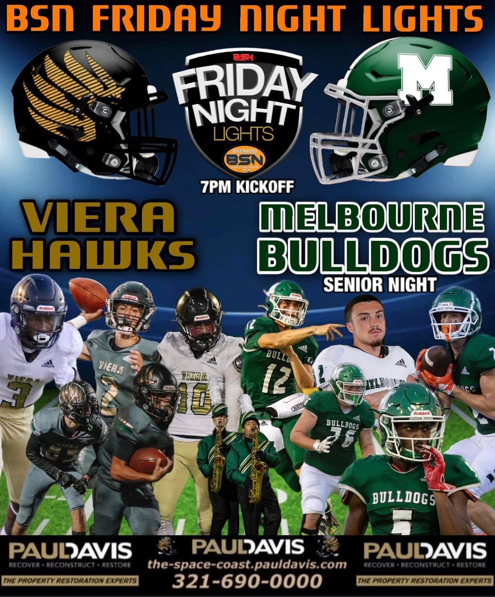 SportsBrevard's tweet photo. BSN FRIDAY NIGHT LIGHTS: @VieraHawks VISIT REIGNING BACK TO BACK DISTRICT CHAMPION @MHSdogsfootball: @coachbpalmer5 &amp; @321caleb: 

Senior Night Festivities underway way at 6:15, Kickoff at 7:00 PM. Tonight’s game is sponsored by Paul Davis Restoration of the Space Coast https://t.co/PnlLFwNwoJ