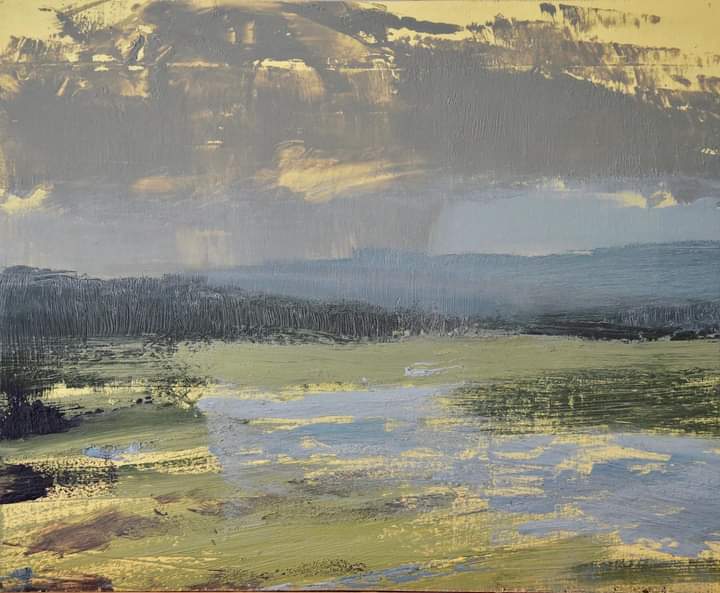 Storm over Wild Brooks', oil on panel, en plein air #nadiawaterfield at #hampshireartfair   #southdowns #oilpainting  #enpleinair 
#landscapepainting  #hampshireart #contemporaryart #artstudio #contemporarylandscape #britishisles #modernlandscape