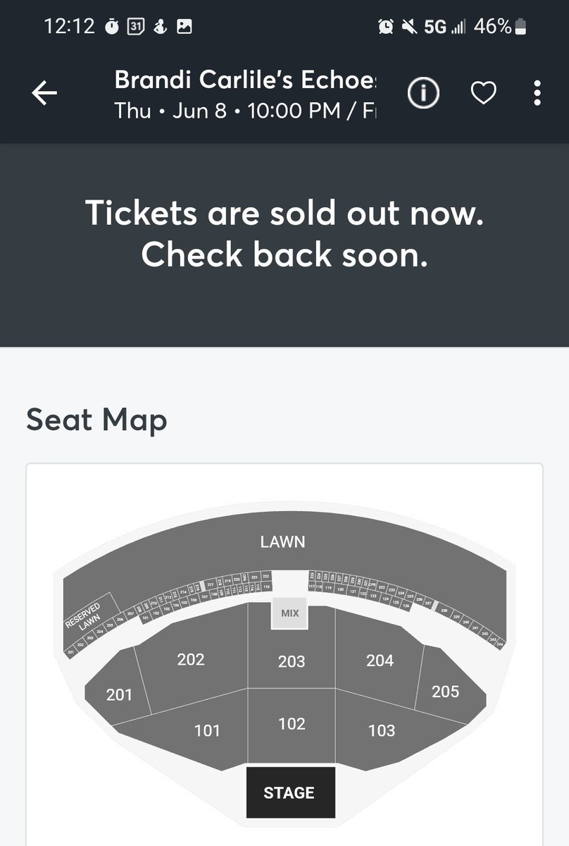 LilyARob's tweet photo. Really wanted to see @jonimitchell couldn't even access section tickets, all sold out by 5 min. Almost got lawn tickets, but then they sold out <15 min. How many bots are buying all the tickets and reselling for exorbitant prices? The  @Ticketmaster app is also so difficult. #sad https://t.co/ooQBHhuOQy