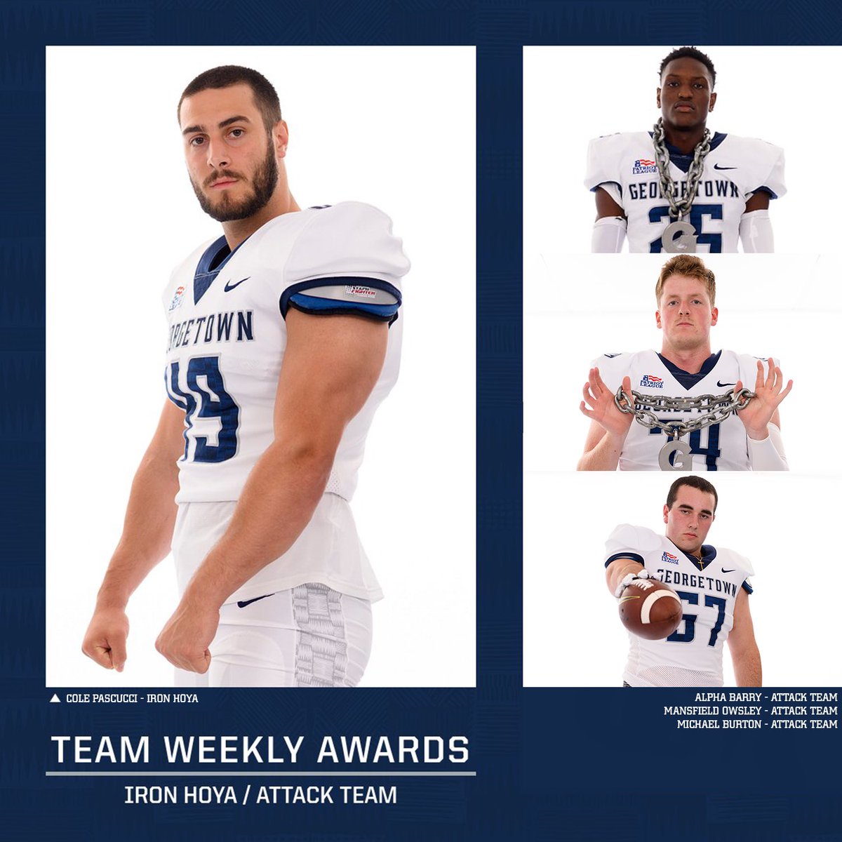 Georgetown Football (@hoyasfb) on Twitter photo Another week of outstanding work by these Hoyas <a href="/Cpascucci40/">Cole Pascucci</a> <a href="/Alpha_barry07/">Alpha Barry</a> <a href="/young_manso/">Mansfield Owsley</a> <a href="/Burt_Jrr/">Michael Burton Jr</a> 😤😤😤
#HOYASAXA | #DEFENDTHEDISTRICT Another week of outstanding work by these Hoyas <a href="/Cpascucci40/">Cole Pascucci</a> <a href="/Alpha_barry07/">Alpha Barry</a> <a href="/young_manso/">Mansfield Owsley</a> <a href="/Burt_Jrr/">Michael Burton Jr</a> 😤😤😤
#HOYASAXA | #DEFENDTHEDISTRICT