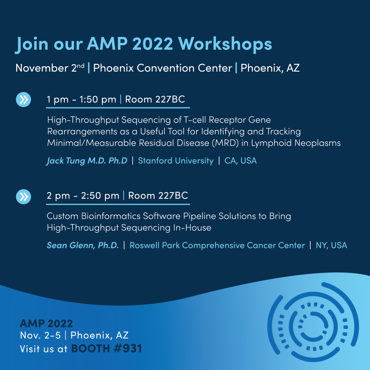 Invivoscribe's tweet photo. Join our AMP corporate workshops on Nov. 2nd to learn about our hemato-oncology solutions from our collaborators from Stanford University and Roswell Park Comprehensive Cancer Center. #invivoscribe #LabPMM #AMPath22 https://t.co/qeljkBvTQv