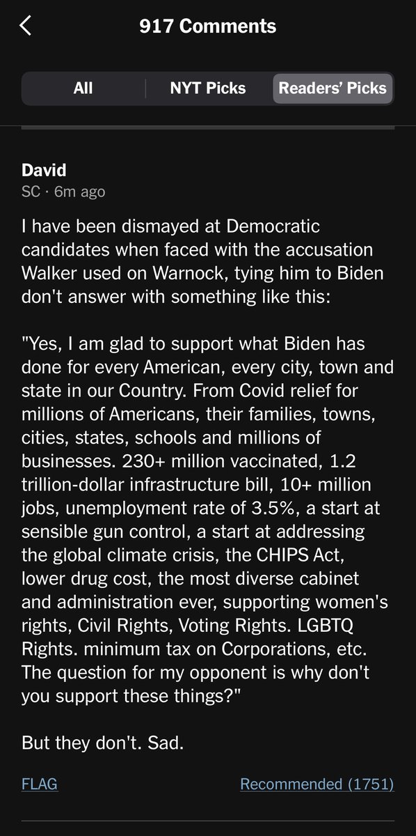 FlyMoo's tweet photo. @politi_shane @RonFilipkowski Something like this comment in the NYT regarding a piece on the Walker/Warnock debate?  Even though it was critical of the dems. https://t.co/EjkPgDHKEV