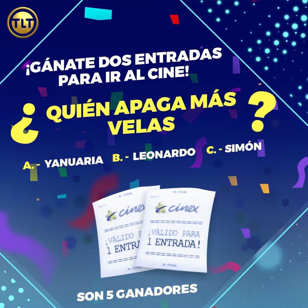 LaTeleTuya's tweet image. Pregunta: ¿Quién apaga más velas? 🕯️
 
🎫Válido para las salas Cinex de: Caracas-Guarenas-Barquisimeto-Margarita-Barinas-Valera-Maracaibo-Cabimas-Punto Fijo-Lechería-Cumaná

-SÍGUENOS
-Dale RT
-Responde con la etiqueta #YoSoyCinex