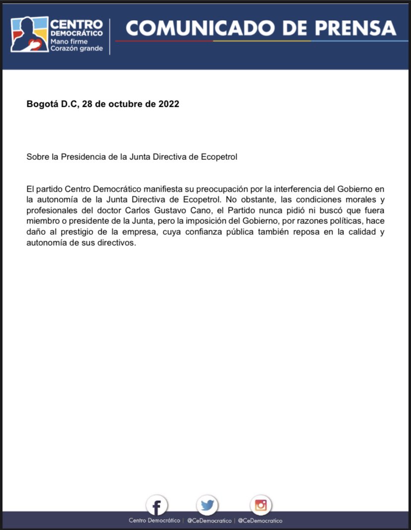 Comunicado del Centro Democrático sobre la Presidencia de la Junta Directiva de Ecopetrol: