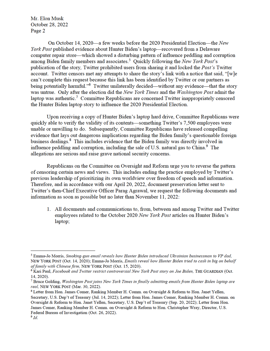 RepJamesComer's tweet photo. 🚨🚨🚨

@GOPoversight is reviewing the role Big Tech played in supporting the Biden campaign by suppressing certain stories.
 
I'm now calling on @elonmusk to provide all docs and communications from @Twitter related to the censorship of the Hunter Biden laptop story in 2020.👇 https://t.co/njYMoFSE1K