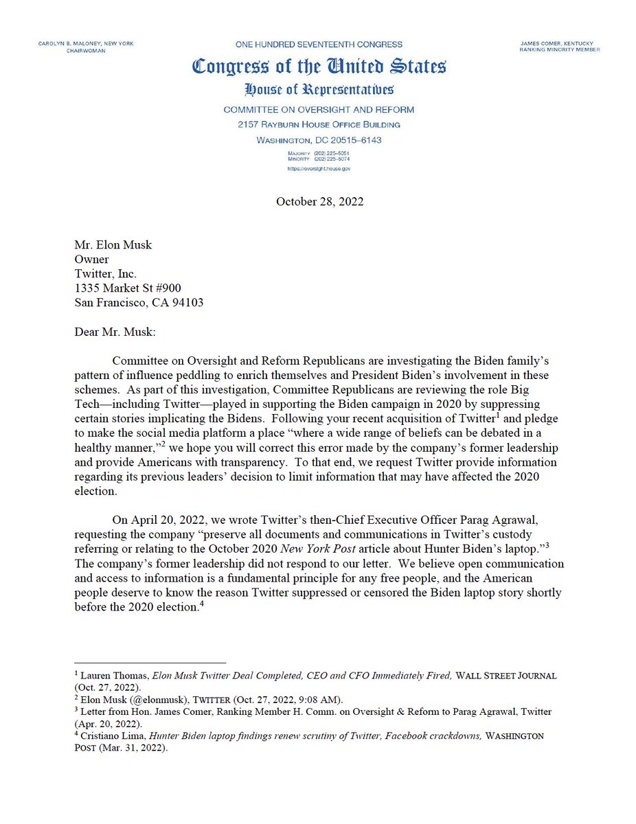 RepJamesComer's tweet photo. 🚨🚨🚨

@GOPoversight is reviewing the role Big Tech played in supporting the Biden campaign by suppressing certain stories.
 
I'm now calling on @elonmusk to provide all docs and communications from @Twitter related to the censorship of the Hunter Biden laptop story in 2020.👇 https://t.co/njYMoFSE1K
