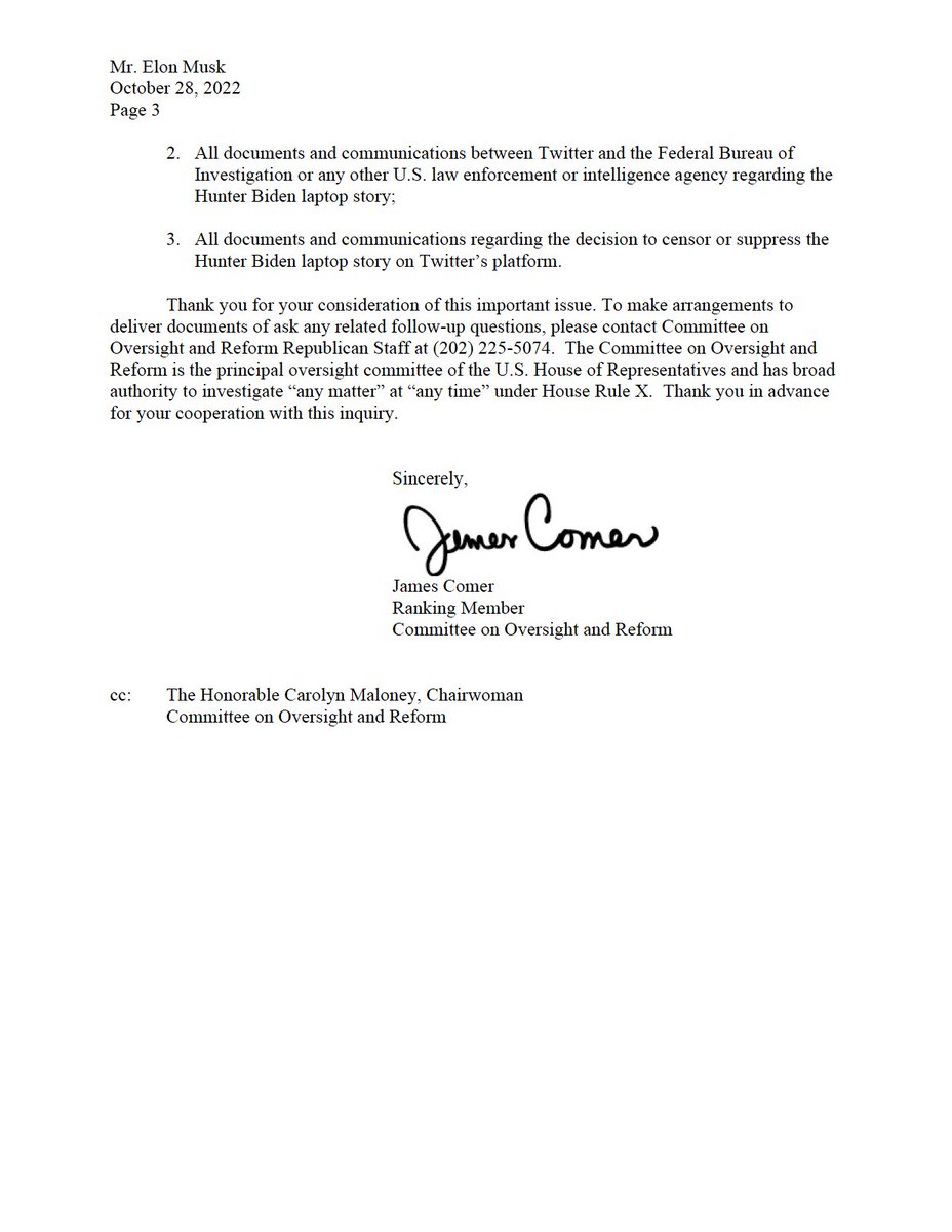 RepJamesComer's tweet photo. 🚨🚨🚨

@GOPoversight is reviewing the role Big Tech played in supporting the Biden campaign by suppressing certain stories.
 
I'm now calling on @elonmusk to provide all docs and communications from @Twitter related to the censorship of the Hunter Biden laptop story in 2020.👇 https://t.co/njYMoFSE1K