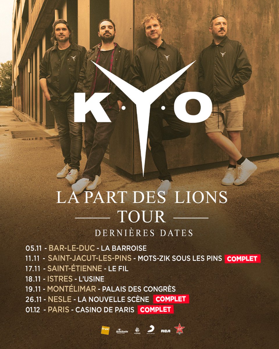 KYO_officiel's tweet photo. La Part des Lions tour touche bientôt à sa fin… ne ratez pas les toutes dernières dates de la tournée ! 🦁

Billets : https://t.co/tlezD4HlYK https://t.co/eq8IX47HdO