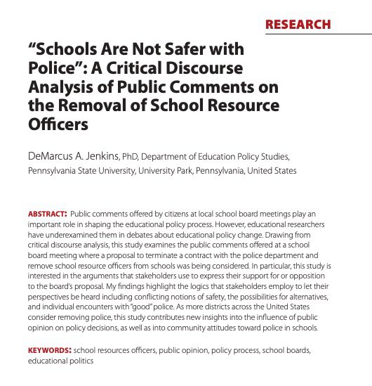 I am excited to share my new article, “Schools Are Not Safer With Police: A Critical Discourse Analysis of Public Comments on the Removal of School Resource Officers” that was published in the Journal of Education Human Resources. utpjournals.press/doi/abs/10.313…