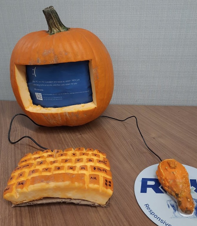 NickMonaco's tweet photo. For my job's jack-o-lantern contest, I carved the scariest thing that could happen in the office. https://t.co/GinSzXGbWa