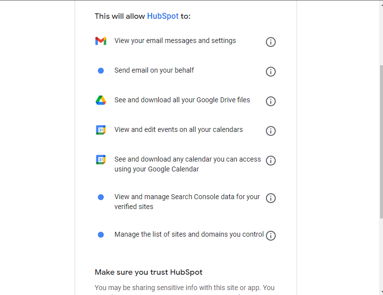 this is either an over reach by <a href="/HubSpot/">HubSpot</a> or lousy refined permissions by <a href="/googledevs/">Google for Developers</a> when trying to sync a calendar between the two 💩