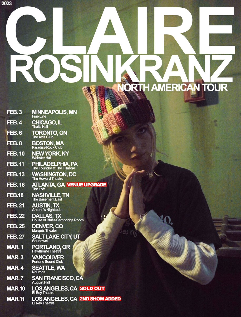 hiiii all tix are now on sale ! 1st LA show sold out, 2nd LA show added, Atlanta venue upgraded, many shows with low tix 

clairerosinkranz.com/tour