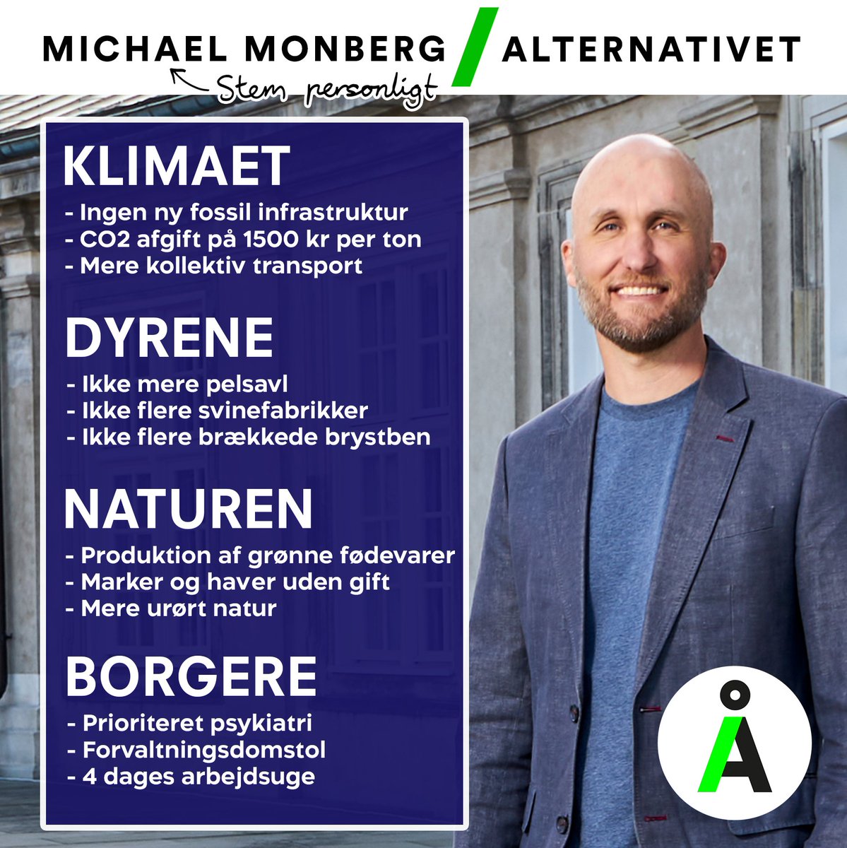 mmonberg's tweet photo. Stemmer du med fokus på klimaet, naturen, dyrene, de unge eller de ældre? 
På tirsdag kan du prioritere hele pakken og sætte dit kryds ved os og det håber jeg inderligt, at du gør ❌ 🙏
#dkpol #dkgreen #Klimakrise #dyrevelfærd https://t.co/D3pQK8JoGu