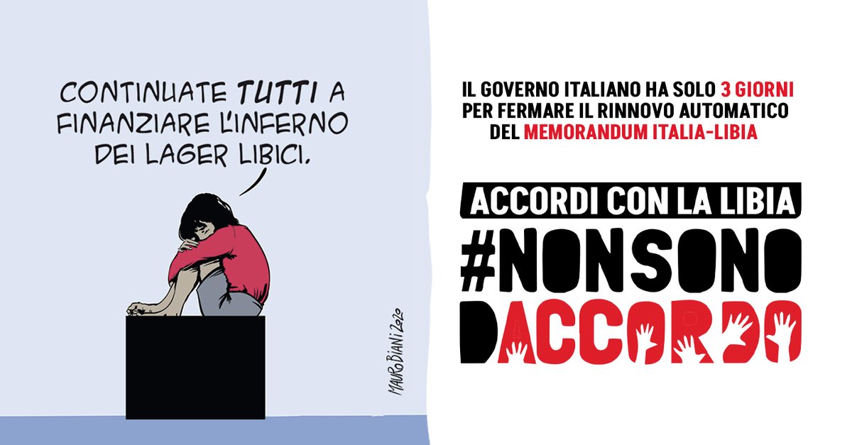 amnestyitalia's tweet photo. Tutti i governi, dal 2017, hanno continuato a finanziare l’inferno
libico, nessuno escluso. Eppure ciò che avviene è chiaro a chiunque.
Invitiamo tutte e tutti a usare l'hashtag #NonSonoDaccordo
per dire NO al rinnovo degli accordi Italia-Libia.

*Illustrazione di 
@maurobiani https://t.co/cDeVHQ3yuI
