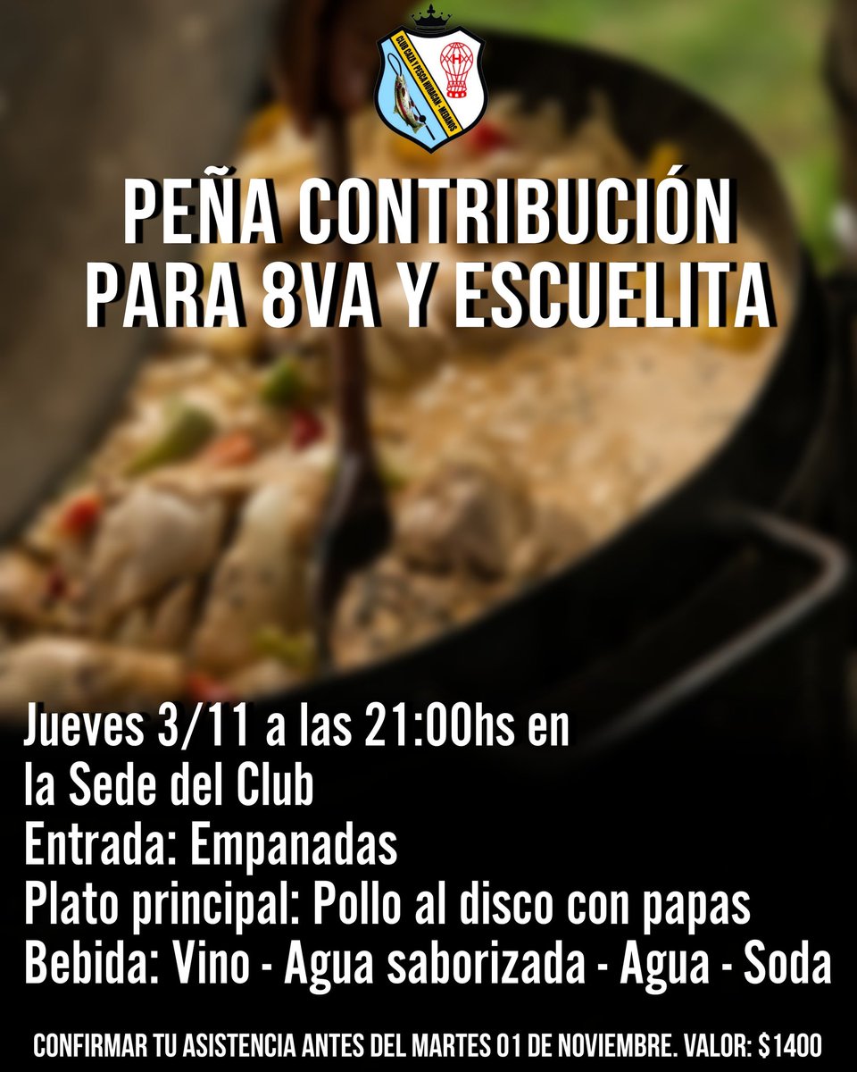 Clubcazaypesca's tweet photo. El día jueves 03 de noviembre ya tenés LA CENA ASEGURADA🤩
Entrada: Empanadas
Plato principal: Pollo al disco con papas
Bebidas: Vino tinto o blanco, agua saborizada, agua y soda
Valor: $1400
Tenés tiempo de guardar tu lugar hasta el martes 01 de noviembre antes de las 22:00hs https://t.co/LfKGrTSQOw