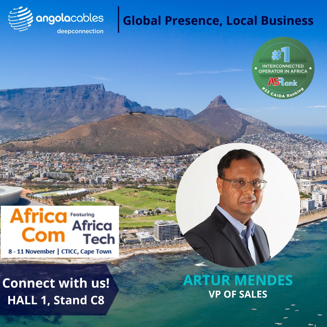 artmendes's tweet photo. AngolaCables is back in person for the largest digital infrastructure event in Africa – AfricaCOM.

We’ll be available for meetings from 8th to 11th November at hall 1, Stand C8.

#angolacables #deepconnection #AfricaTechFestival #connectivity #AfricaTechFestival https://t.co/qtTfhnkyKk