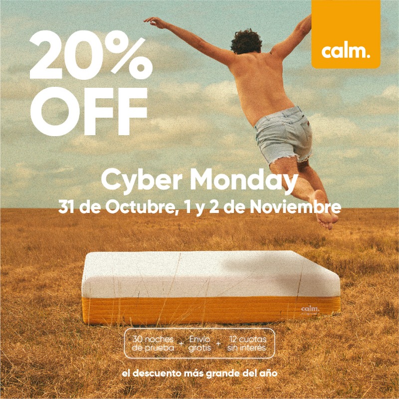 calm_essimple's tweet photo. Aprovechá #CyberMonday en Calm. Comprá con 20% OFF, envío gratis y 12 cuotas sin interés. Ningún colchón quiso verte tan libre🌾🕊️