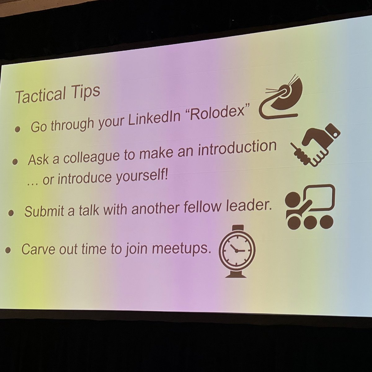 Geek_Manager's tweet photo. Tactical Tips:
↔️
- LinkedIn rolodex
- ask for intros
- submit a talk with a fellow leader
- carve out time for meet-ups
⬇️
- connect w skip-levels
- pressure test your vision
- office hours 🗓 
- round tables
- host a summit
⬆️
- help your boss tell the story

@amyt #LeadingEng https://t.co/pwtORM7AKb