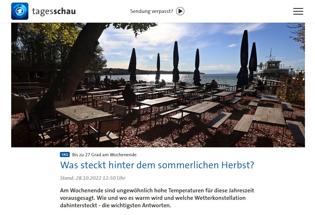 klimafakten's tweet photo. Die @tagesschau bietet ein FAQ zur Frage, wie 27 Grad im Spätherbst zu erklären sind. 
Allerdings fehlt jede Einordnung in Hinblick auf den Klimawandel.
Unser Leitfaden für die journalistische Berichterstattung zeigt, wie man diese Lücke schließen kann.
https://t.co/f7PrqRs2cq https://t.co/YVZDl1zpgH