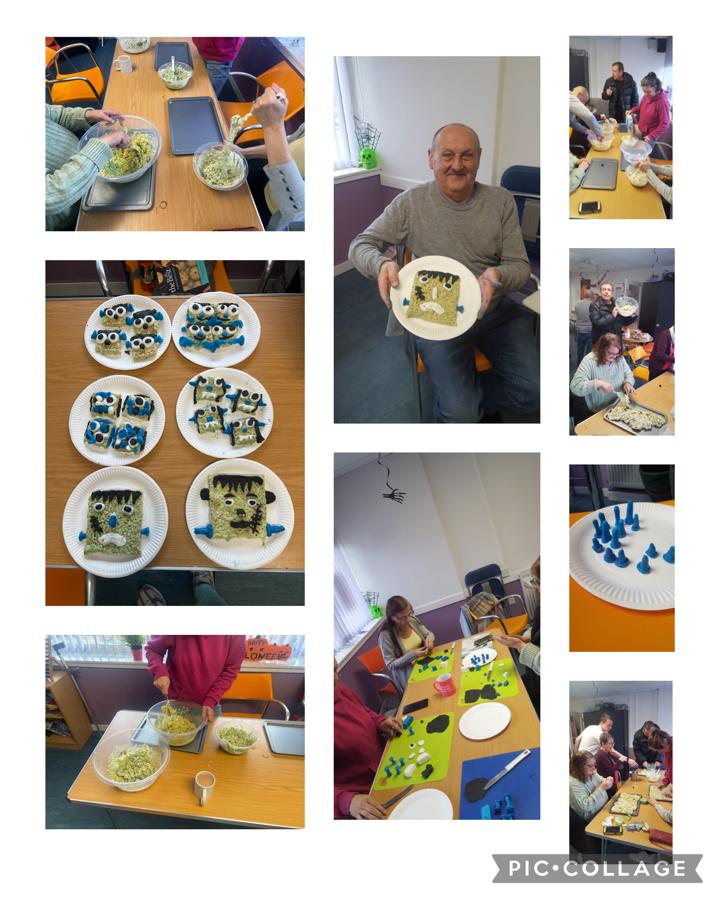 TrustConnect's tweet photo. Fun day in the Social Club at the Connie (Tuesday and Friday 10am-1pm), the group made Frankenstein marshmallow rice crispy cakes and then played bingo. https://t.co/LkW7JFMkj4