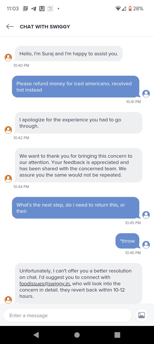 ParnamiKartik's tweet photo. @Swiggy @SwiggyCares @SwiggyTech @zomato @zomatocare 

Amazing conversation with swiggy about getting refund for a mistake in order (on the merchant end)

Being offered inr 28 for item worth inr 160 (really????) https://t.co/wIB8AwNwSM