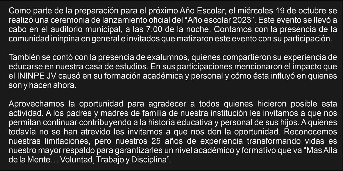 ININPEJV's tweet photo. Lanzamiento oficial del “Año escolar 2023”.
 leer mas en https://t.co/fP4F0RYdrE 
#ininpejv #matriculasabiertas #soritor #añoescolar2023 https://t.co/xN2pJojnxn