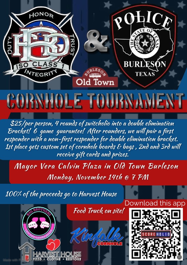 The  #rivalry continues...
BPD will square off against <a href="/BurlesonFire/">Burleson Fire Department</a> in our first Cornhole Tournament. The Tourney is open to the public to sign up for a chance to win great prizes. 100% of the proceeds from this tournament will go to Harvest House. Sign up today!