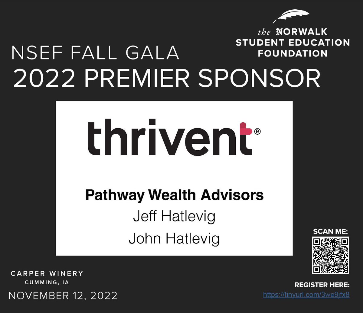 Thank You to our NSEF Fall Gala 2022 Premier Sponsor, Thrivent for their amazing support of our upcoming event on Saturday, Nov. 12th! 🎉 REGISTER HERE:  tinyurl.com/3we9jfx8