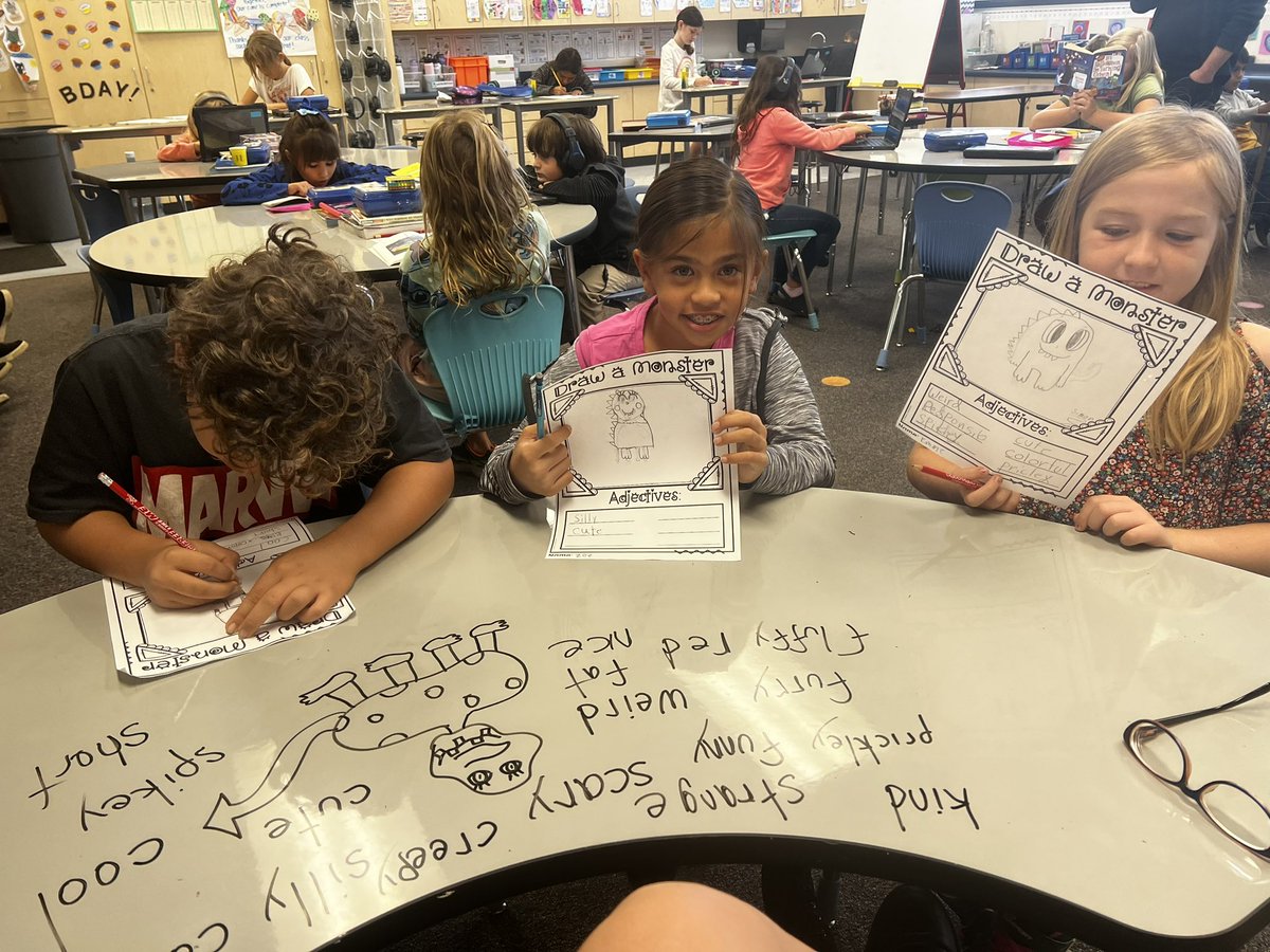 solovedisney's tweet photo. Doing a draw-a-monster rhyme with the kiddos in @_msvrios class and practicing adjectives @CrestCoyotes #TeachingFun https://t.co/yrdOqAqWJ1