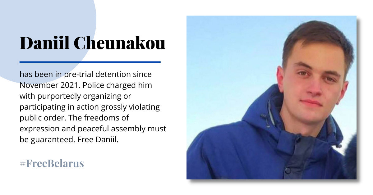 #Belarus: People like Daniil are detained for years without a trial. On Monday, Daniil will spend his 21st birthday in detention, waiting for a trial. Over 1330 political prisoners suffer behind bars for speaking out and raising their voices. #FreeBelarus @viasna96