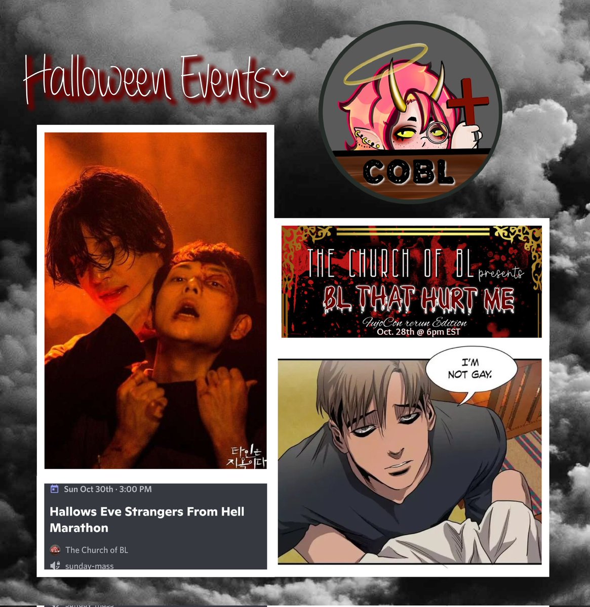 ChurchofBL's tweet image. YO- @FujoCon 2020 BL That Hurt Me rerun is today in the Citrus Squad server~! #StrangersfromHell marathon is Sunday in the COBL server~ More info on both is available via my Discord- links to said discord via my Linktree~ linktr.ee/cobl 

HAPPY HALLOWEEN~! 🎃