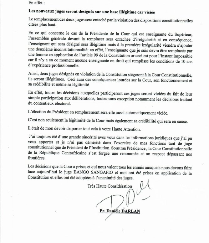 #RCA | #DanièleDarlan passe à l'attaque et prévient le président Touadera sur les conséquences de ses actes vis-à-vis de la Cour constitutionnelle. @GaetanKo <a href="/YogIabnj/">Francis Yabendji-yoga</a> <a href="/clempawlotsky/">Clémentine Pawlotsky</a> <a href="/fmazet/">François Mazet</a> <a href="/MathieuOlivier/">Mathieu OLIVIER</a>