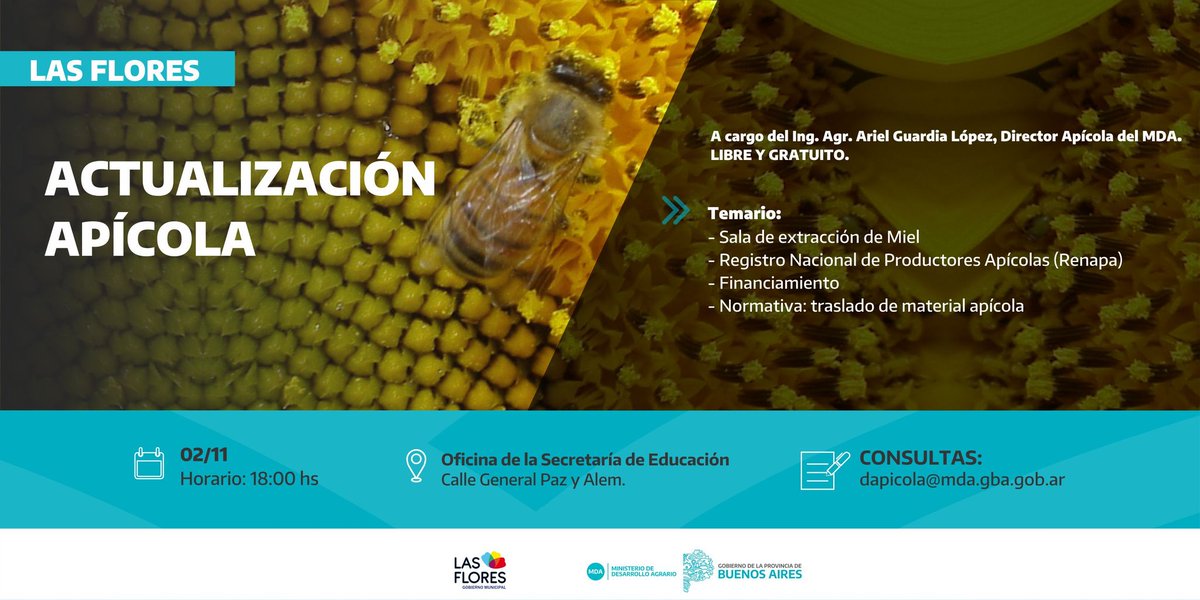 Ministerio de Desarrollo Agrario (@agrariopba) on Twitter photo 📍Las Flores
Actualización apícola🐝
📌02/11
🕕18 hs
📬Oficina de la Secretaría de Educación
📩Consultas: dapicola@mda.gba.gob.ar 📍Las Flores
Actualización apícola🐝
📌02/11
🕕18 hs
📬Oficina de la Secretaría de Educación
📩Consultas: dapicola@mda.gba.gob.ar
