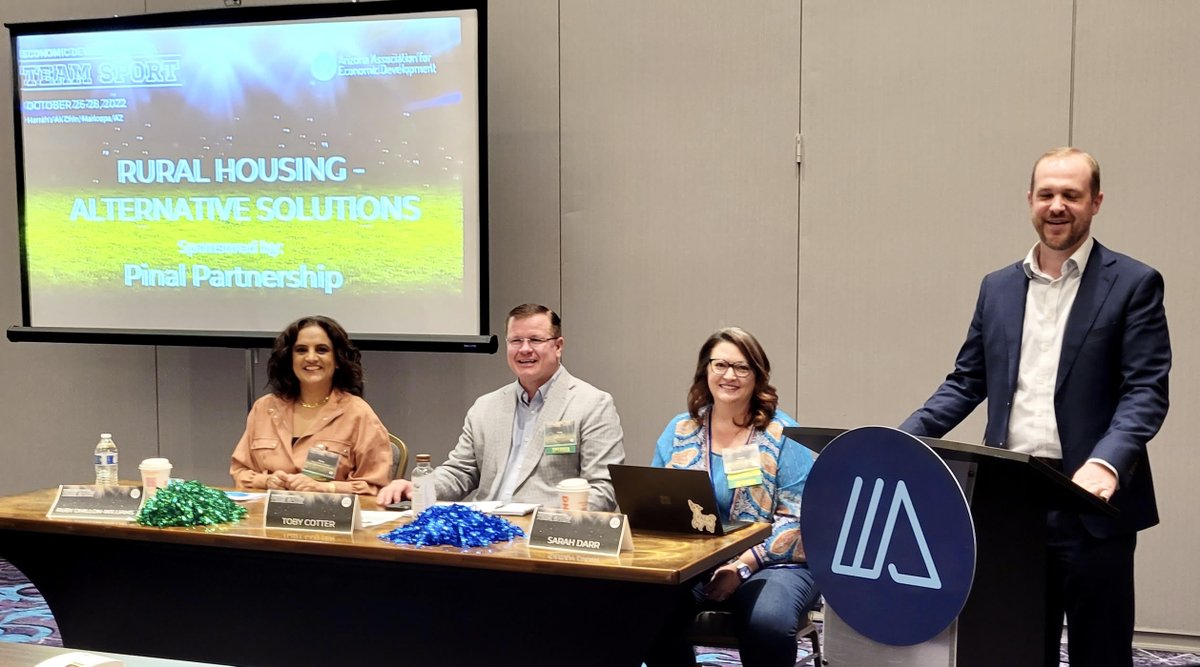AZHousing's tweet photo. Right now, ADOH's Ruby Dhillon (far left) is participating in a panel at the @_AAED Fall Forum in the @CityofMaricopa on rural economic development. Finding alternative solutions to develop needed housing in rural Arizona is a top priority &amp; ADOH is sharing some of our programs. https://t.co/3ia91CFuZM