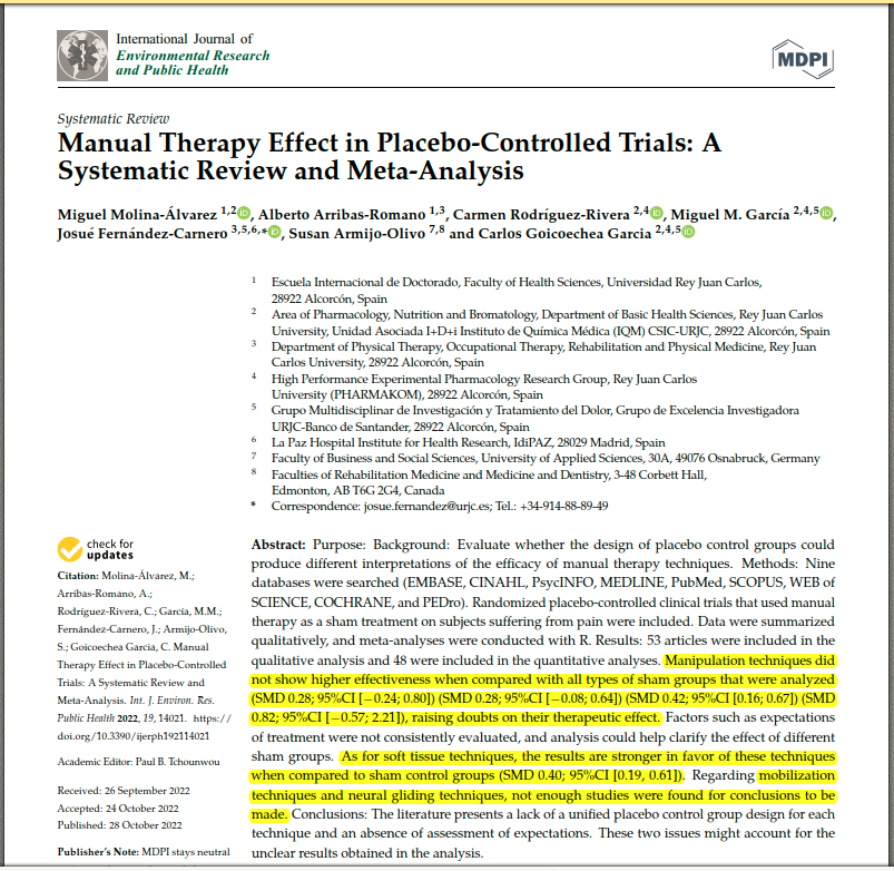 PhysioMeScience's tweet photo. Manual Therapy Effect in Placebo-Controlled Trials: A
Systematic Review and Meta-Analysis

👀👀👇👇

https://t.co/wFTXK4Eiqt https://t.co/fsIsSsVxZo