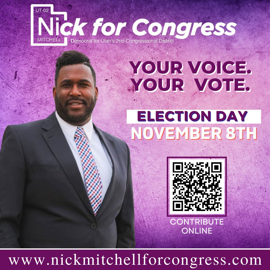 nickforutah's tweet photo. YOUR VOICE. YOUR VOTE.
ELECTION DAY | NOVEMBER 8, 2022
https://t.co/BIsYj9co2r
Help me Get-Out-The-Vote! Every donation will help us strengthen our grassroots movement and grow the reach of our campaign.
https://t.co/20nLquvMbb
#NickforCongress https://t.co/jzebqdLpBN