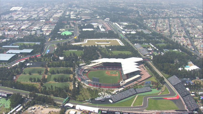 An aerial photo of the Autodromo Hermanos Rodriguez, where two baseball stadiums are visible from the air.